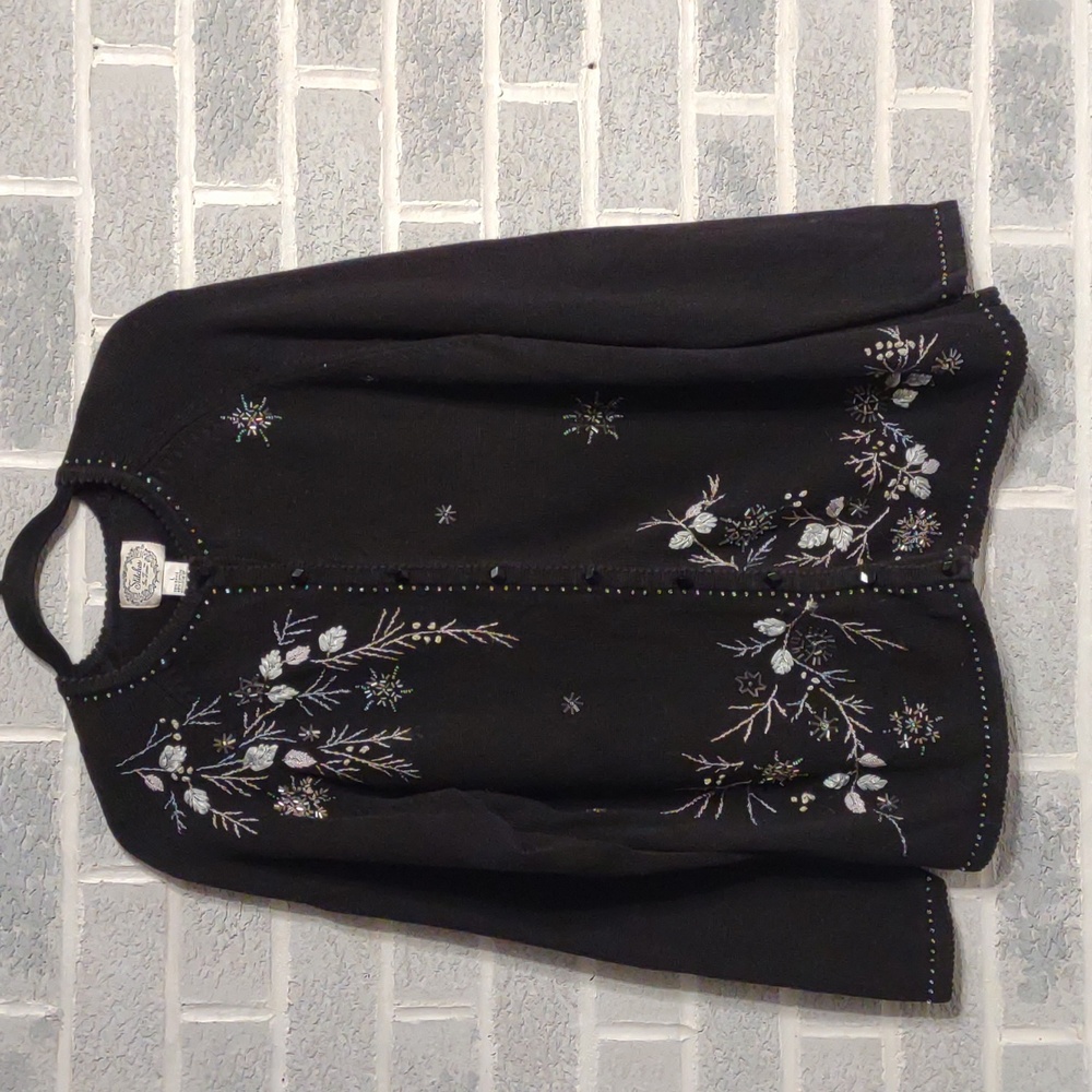 Stitches In Time Women's Black Embroidered and Beaded Winter Cardigan Large
